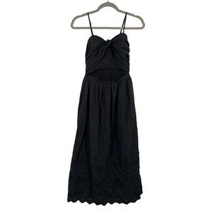 LoveShackFancy Black Midi Embroidered Tie Front Cutout Dress